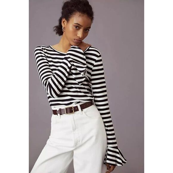 Anthropologie MAEVE Flouncy Top Size Large Stripe Black White Flare Long Sleeve - Picture 1 of 7